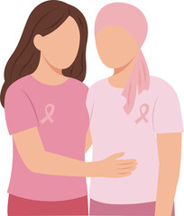 Female friends standing hugging each other.Concept of support and solidarity with women fighting oncological disease.Breast Cancer Awareness Month. Vector illustration