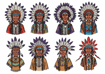 Illustrated portraits of eight Native American men wearing traditional feathered headdresses and tribal clothing, representing indigenous culture and history.