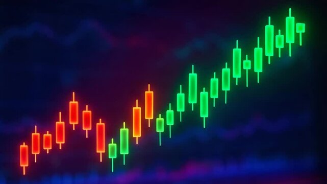 A vibrant stock market chart displays a bullish trend, featuring green candlesticks rising against a backdrop of blue and purple hues, representing financial growth and opportunity