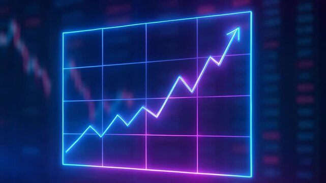 A vibrant stock market graph showcasing an upward trend in neon colors, symbolizing financial growth and success in investment strategies and market analysis.