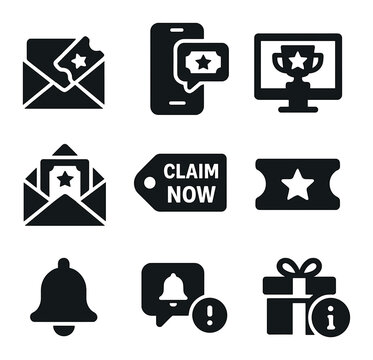 Sweepstake Notification Icons. Solid, filled icons set of sweepstake notifications: email icon, mobile alert,