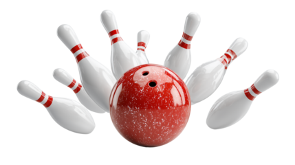Bowling Ball Striking Pins with Red Rings Transparent Background 
