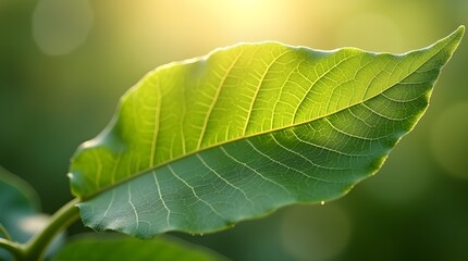 ; An HD macro shot of a fresh green leaf with intricate vein patterns, sunlight passing through the surface and creating glowing edges --