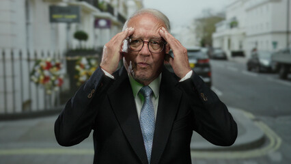 Senior man in a suit stands on a busy street looking distressed, surrounded by urban scenery,...