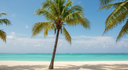 Idyllic tropical beach scene with leaning palm tree, clear turquoise water, and pristine white sand under a vibrant blue sky