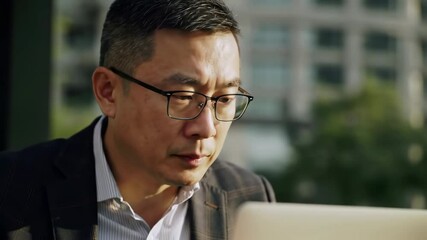 Man working on laptop in outdoor urban office environment