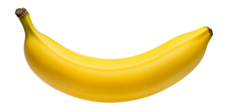 Yellow banana with smooth, curved shape and visible ridges