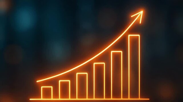This image depicts a glowing orange graph with an upward trend, symbolizing growth, success, and financial increase in a modern business environment.