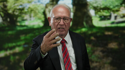 Senior man in business suit gesturing outdoors in a park setting offering a sense of professional...