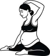Pregnant woman in purple tank top and black leggings stretches sideways on gray yoga mat in bright studio