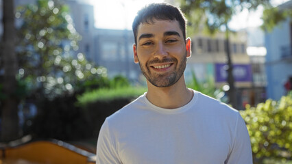 Fototapeta premium Young hispanic man smiling outdoors in urban park with sunlit background highlighting the vibrant city street ambiance and lush greenery around him