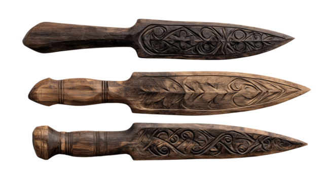 Set of Three Hand-Carved Decorative Wooden Knives on Transparent Background