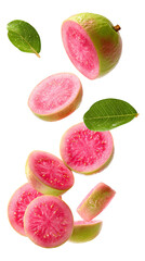 Fresh pink guava slices with leaves falling isolated on transparent white background, clipping path