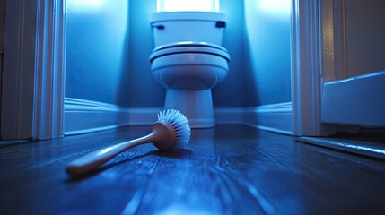 Interior shot of a bathroom with a cleaning brush.