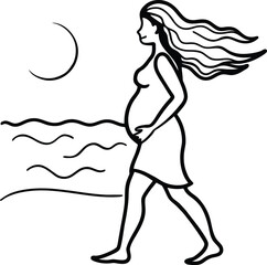 Under a Moonlit Sky, a Pregnant Woman Walks Barefoot Along the Beach
