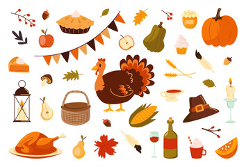 Thanksgiving Day Elements Autumn Set with Turkey.