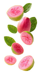 Fresh pink guava slices with leaves falling isolated on transparent white background, clipping path