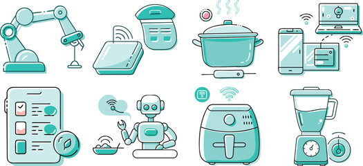 Vector art of smart kitchen automation icons isolated on transparent background.