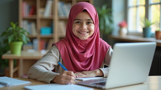 A young Muslim student with a vibrant hijab, sitting at a desk with a laptop, ready to learn in a lively and modern setting