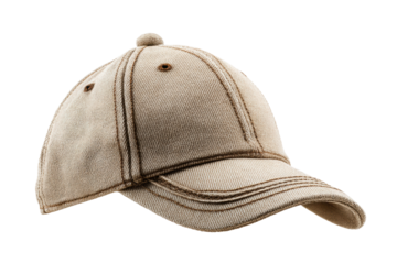 PNG Beige cotton baseball cap with detailed stitching on a black background