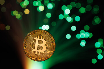 Bitcoin Cryptocurrency Exchange and Digital Finance Concept with Fiber Optic Lights Background