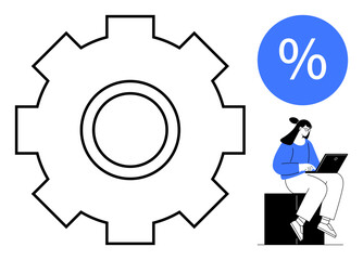 Gear wheel, blue percentage sign, and a woman typing on a laptop convey themes of efficiency, analytics, productivity, finance, remote work, technology cooperation. Simple flat metaphor