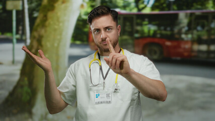 Young male doctor with beard in white coat and stethoscope gestures no with finger on city street