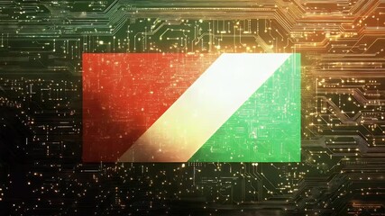 Abstract graphic featuring a geometric flag design with red green and white diagonal stripes set against a digital circuit board background with glowing lines - Powered by Adobe