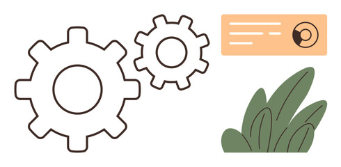 Two gears in motion symbolizing teamwork beside a simple infographic and green leaves. Ideal for industry, teamwork, process, ecology, business strategy, innovation, and growth themes. Simple flat