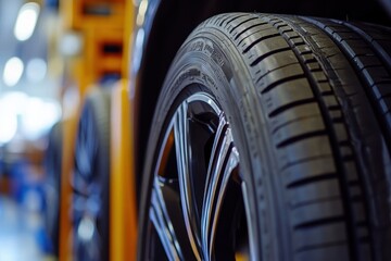 Fresh Set of Tires: Car Mechanic Stocks New Rubber for Wheel Changes at Auto Service Center