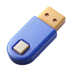 A blue and gold 3drendered usb flash drive with a button is isolated on transparent background