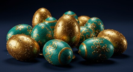 Ornate golden and teal eggs in a cluster