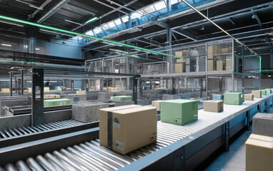 Automated Warehouse Sorting System with Conveyor Belts Moving Labeled Cardboard Boxes – Logistics and Distribution Center 3D Illustration.
