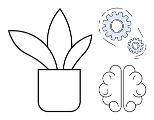 Plant in pot, brain outline, and interlocking gears represent growth, creativity, and problem-solving. Ideal for innovation, strategy, development education learning environment ideas. Simple