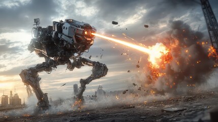 A high-tech drone warrior launching missiles at a bipedal battle robot in mid-air clash