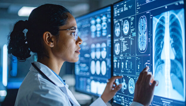 Medical Professional Analyzing X-rays: A dedicated medical professional, clad in a pristine coat, intently studies detailed x-ray imagery. - Powered by Adobe