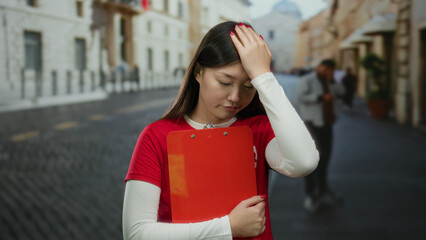 Woman standing on urban street holding clipboard in thoughtful pose wearing red shirt with blurred...