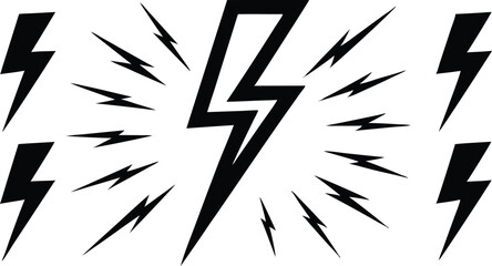Black Silhouette Lightning Bolt Vector Icon Set for Weather Design Projects