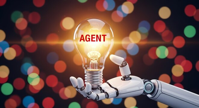 Robot hand holding lightbulb with AGENT word