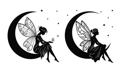 Fairy sitting on the moon vector silhouette