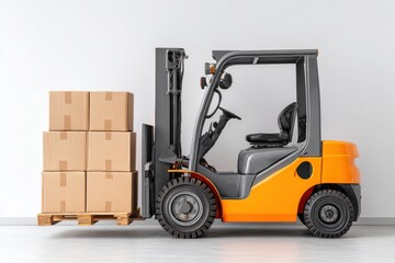 Forklift with stacked cardboard boxes on wooden pallet, positioned against a clean white wall, showcasing industrial equipment in a warehouse environment for logistics operations