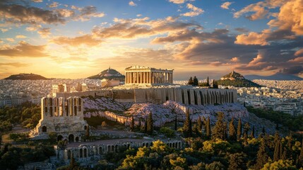 Fototapeta premium Sunset Over the Acropolis of Ancient Athens: Aerial View of Antique Architecture Bathed in Warm Blue Hues