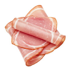 Thin slices of ham stacked on a white background  
