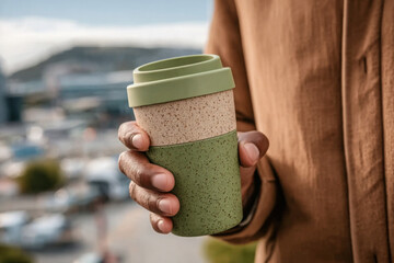 Close-Up of Hands Holding a Modern Green Reusable Coffee Cup – Embracing a Sustainable Lifestyle.

