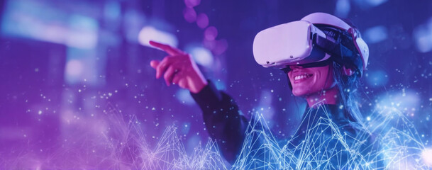 Asian Woman Using VR Headset for Immersive Entertainment in the Metaverse – Augmented Reality and Future Digital Technology Gaming Experience. Metaverse Technology Concept.
