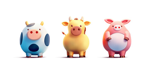 Set of colorful stylized 3D farm animals on a white background. Cow, pig, horse, bull. Realistic icons. For concepts of pets, products, and eco-friendly goods. Vector illustration.