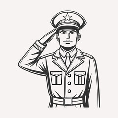 Line art illustration of a saluting military officer in uniform and hat