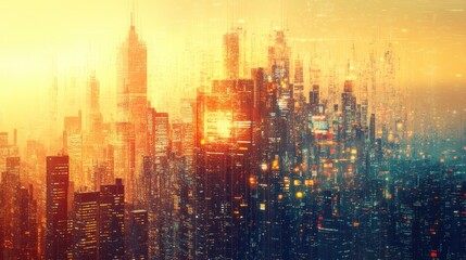 A futuristic city skyline at sunset, bathed in warm light.