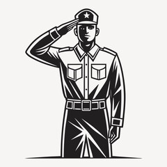 Monochrome Illustration of a Military Officer Saluting with Respect and Honor