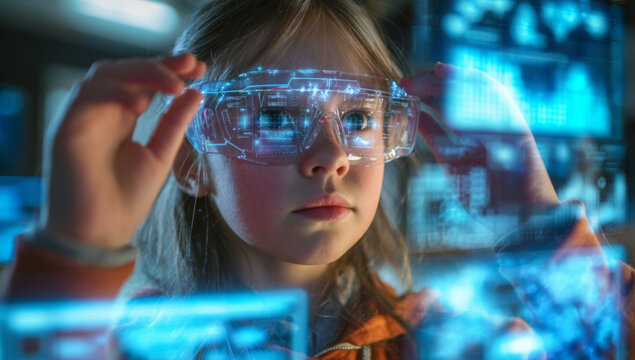 Young Girl Using VR Headset for Interactive Online Learning – Exploring the Future of Education Through Immersive Virtual Reality and Technology for Kids.